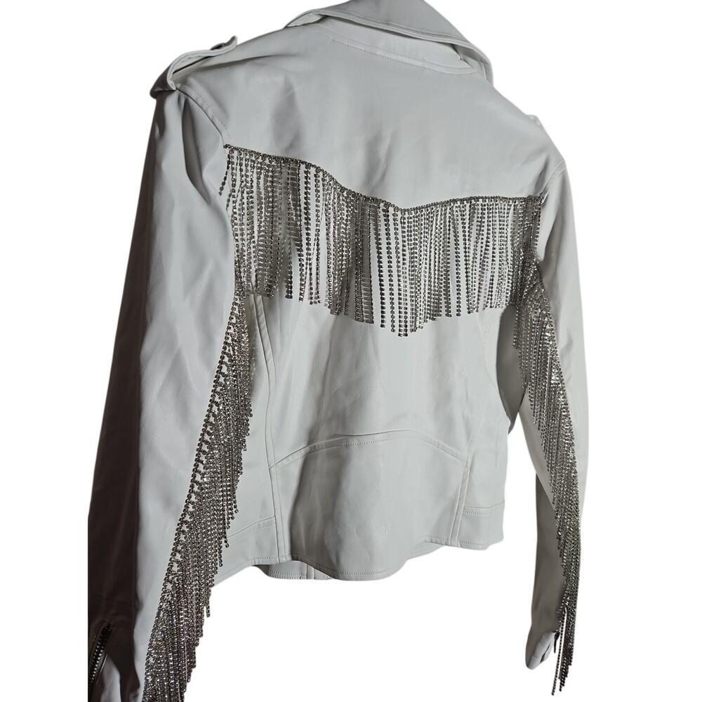 Buddy Love White Rhinestone Fringe Crystal Faux Leather Moto Jacket Sz S